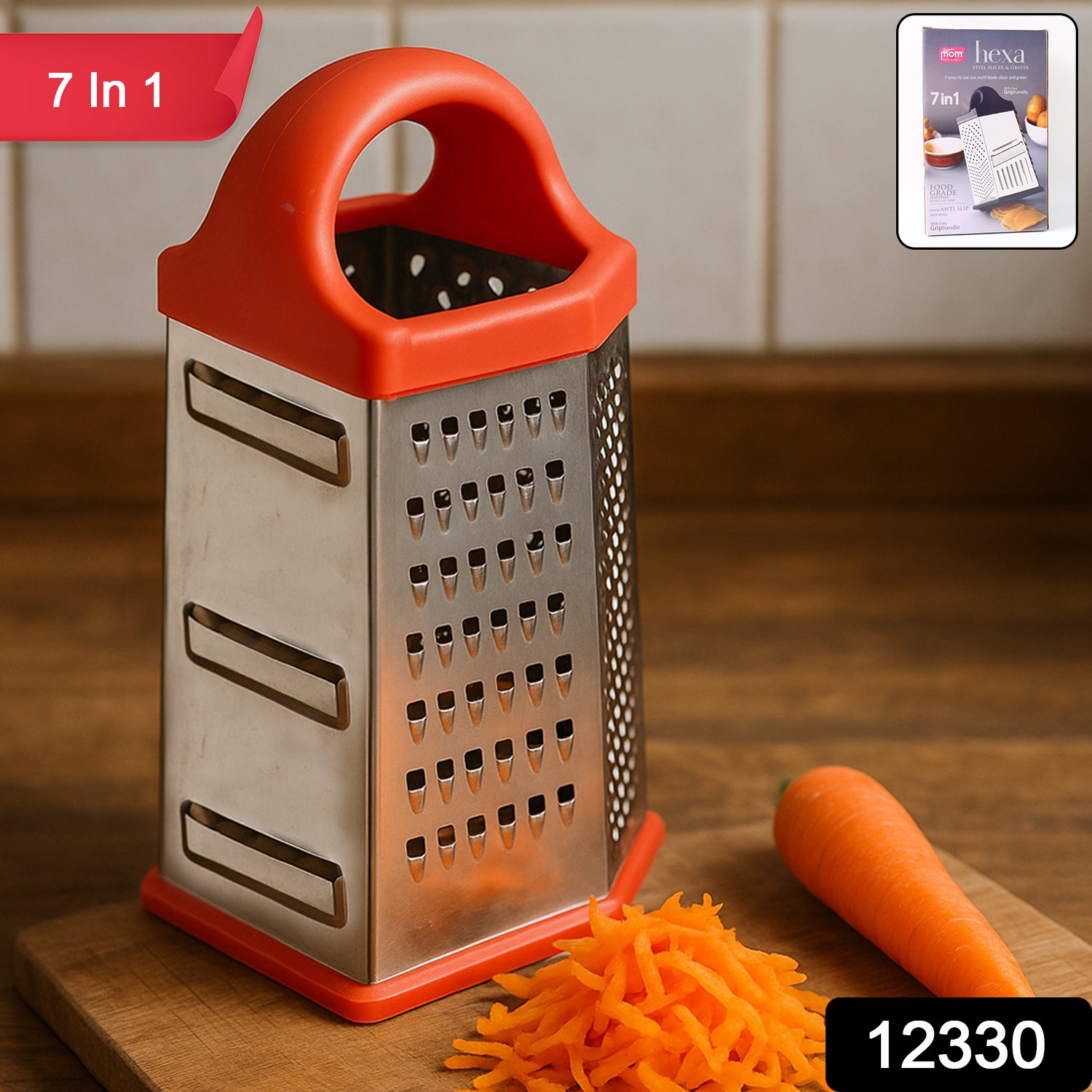 Wukusy 7-in-1 heavy-duty stainless steel box grater with ergonomic handle for versatile grating and shredding tasks.