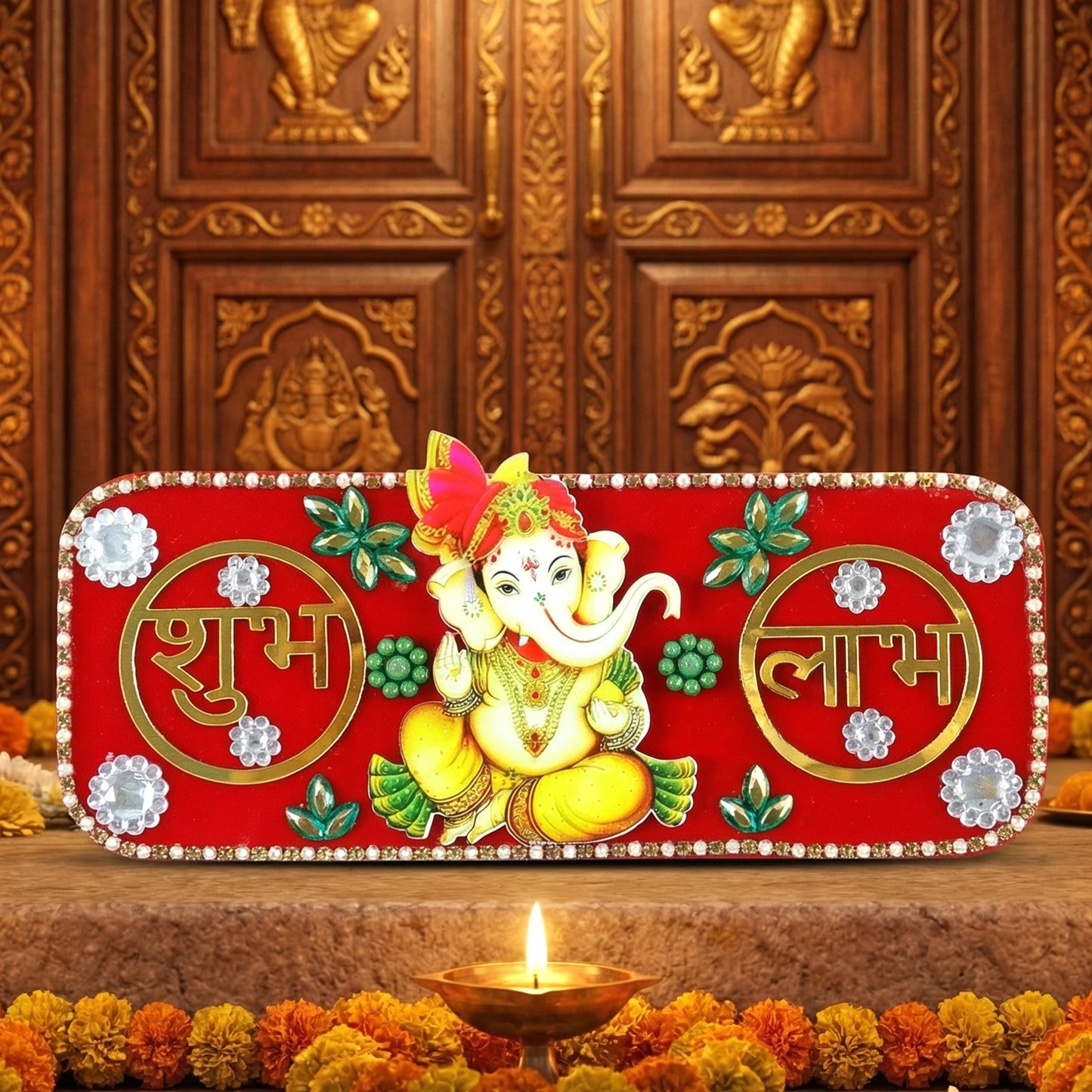 Decorative Wukusy Shubh Labh door hanging featuring Lord Ganesha design, traditional Indian home decor accessory.