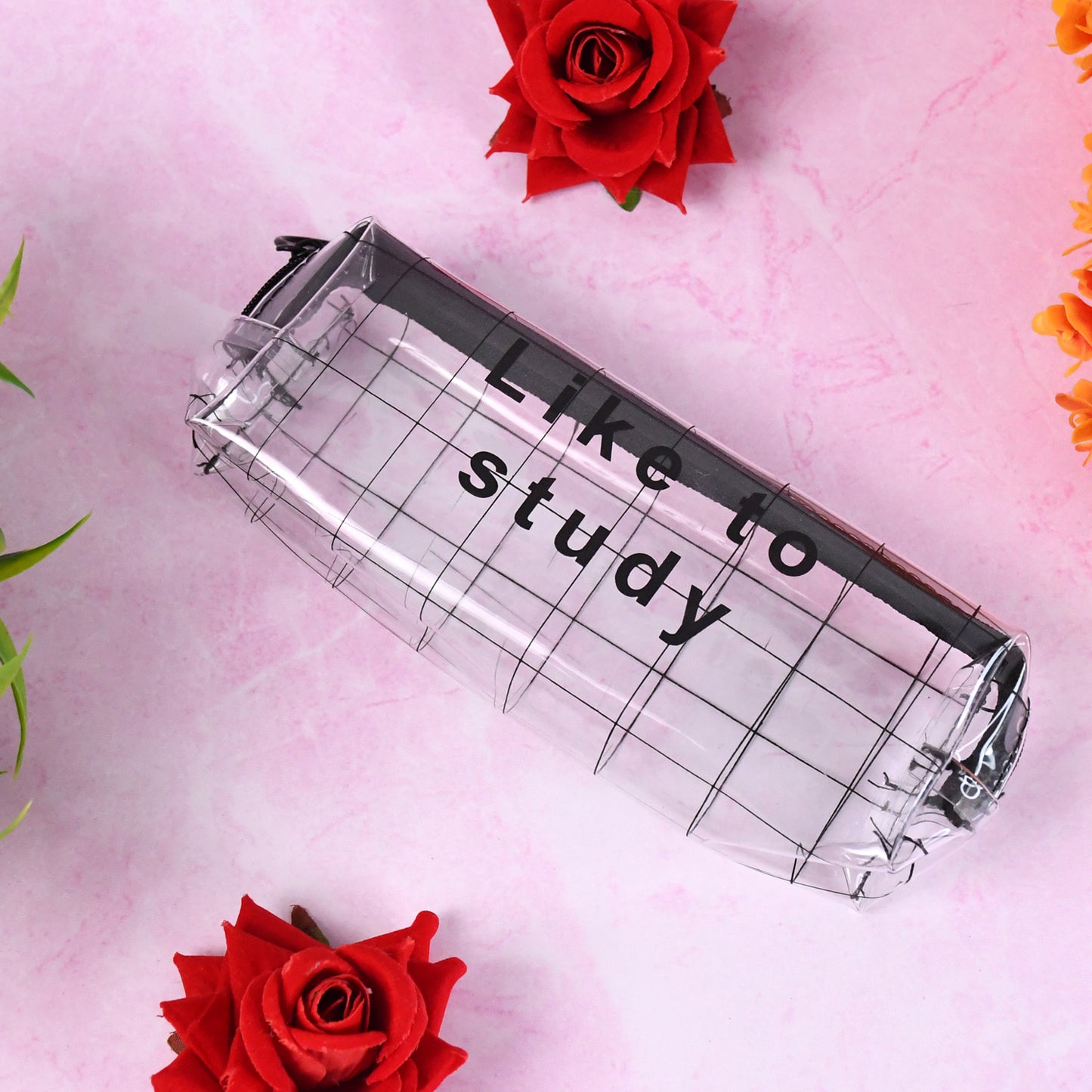 Transparent plastic pencil pouch with zipper, office accessory by Wukusy, featuring a clear design for organizing pens and stationery.