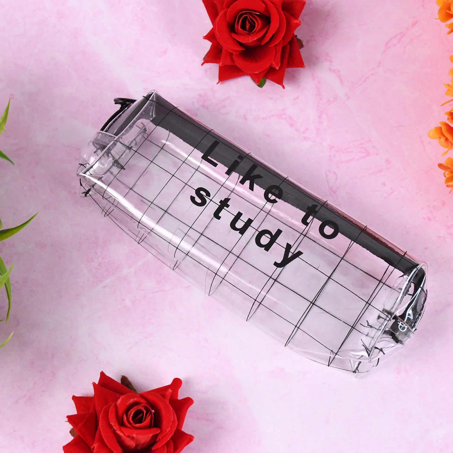 Transparent plastic pencil pouch with zipper, office accessory by Wukusy, featuring a clear design for organizing pens and stationery.