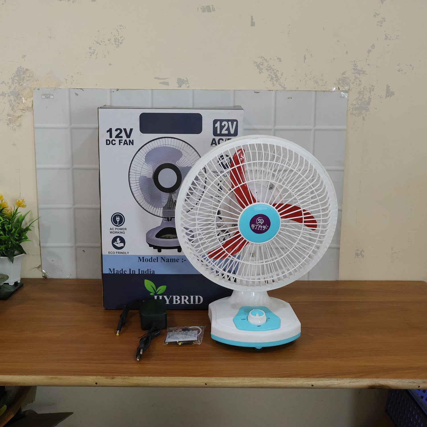 Wukusy Omega 12V rechargeable table fan with LED light, compact black fan with adjustable tilt and built-in LED illumination
