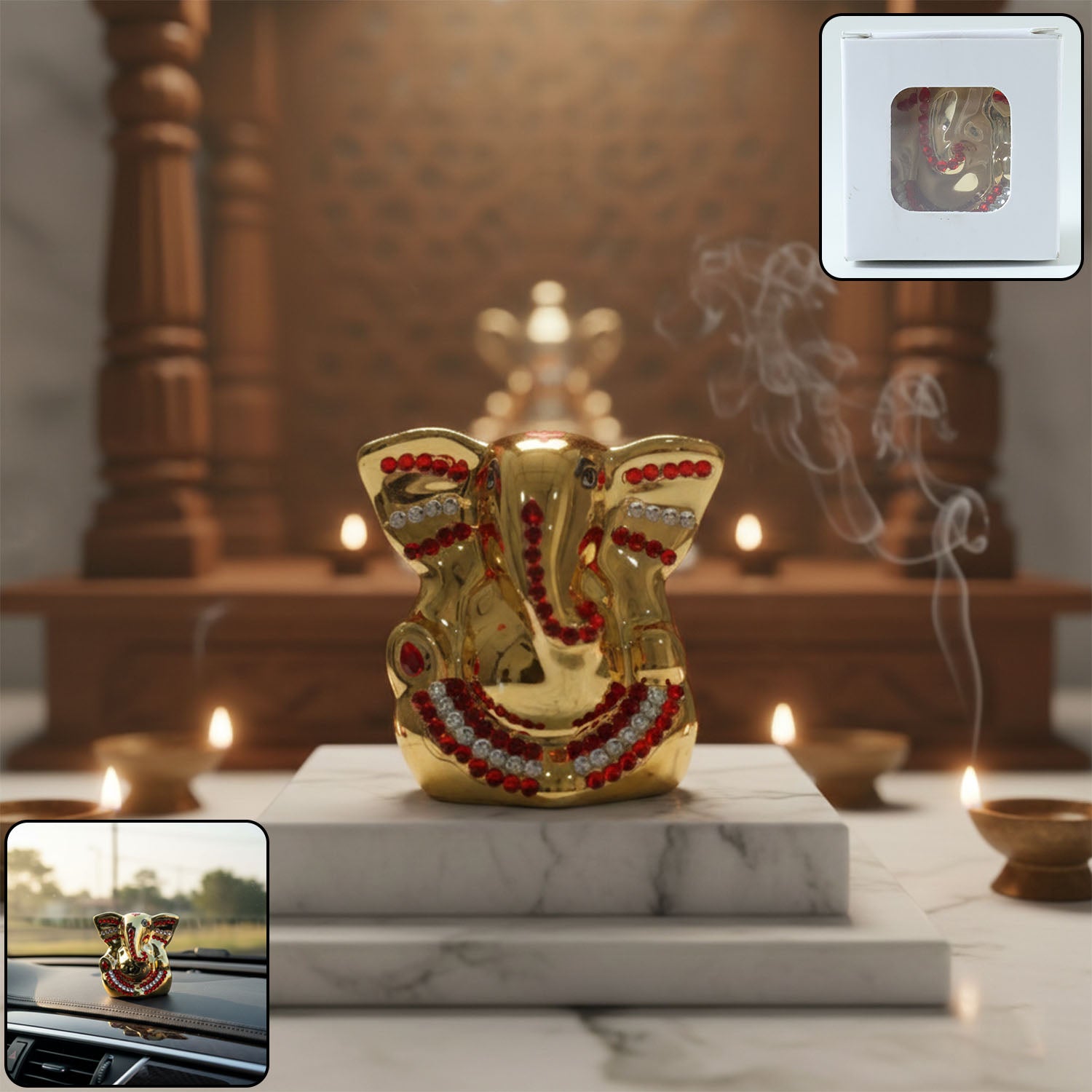 Golden Lord Ganesha idol decorative showpiece by Wukusy, featuring intricate craftsmanship and a shiny golden finish.