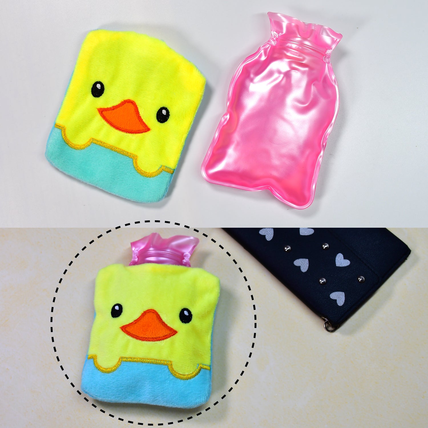 Yellow duck design small hot water bag with cover, ideal for neck, shoulder pain relief, hand, feet warmth, and menstrual cramps.