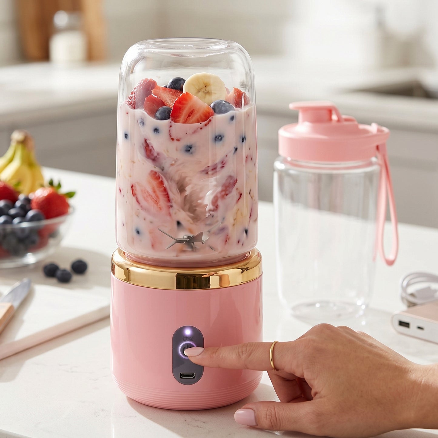 Wukusy portable cordless electric juicer with USB recharge for on-the-go use, shown with sleek compact design.