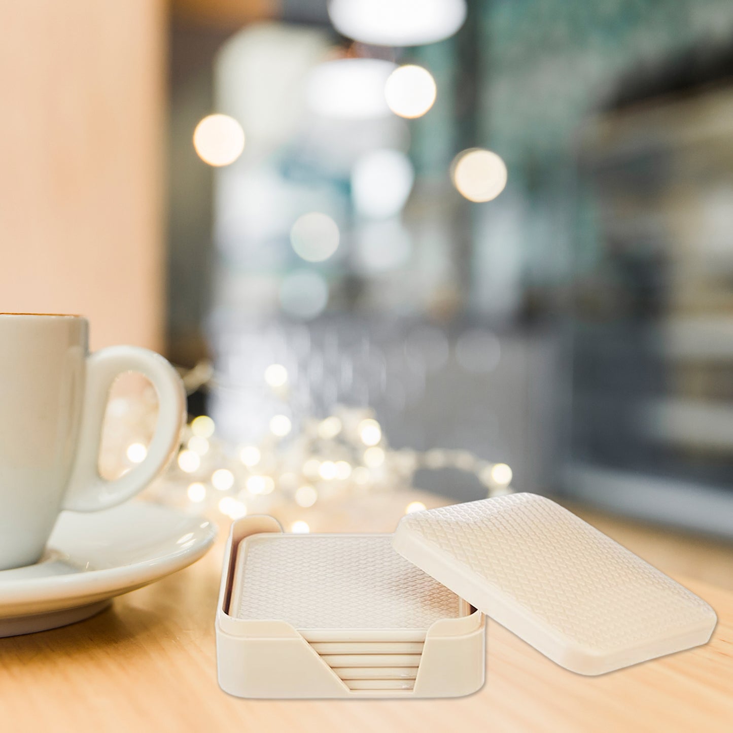 Set of six Ganesh-themed square coasters with storage box by Wukusy for home and kitchen use.