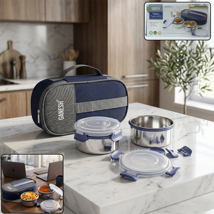 Wukusy Ganesh Neo Twin 400 lunch box set with insulated carry bag, featuring two stainless steel containers and a portable carrying bag.
