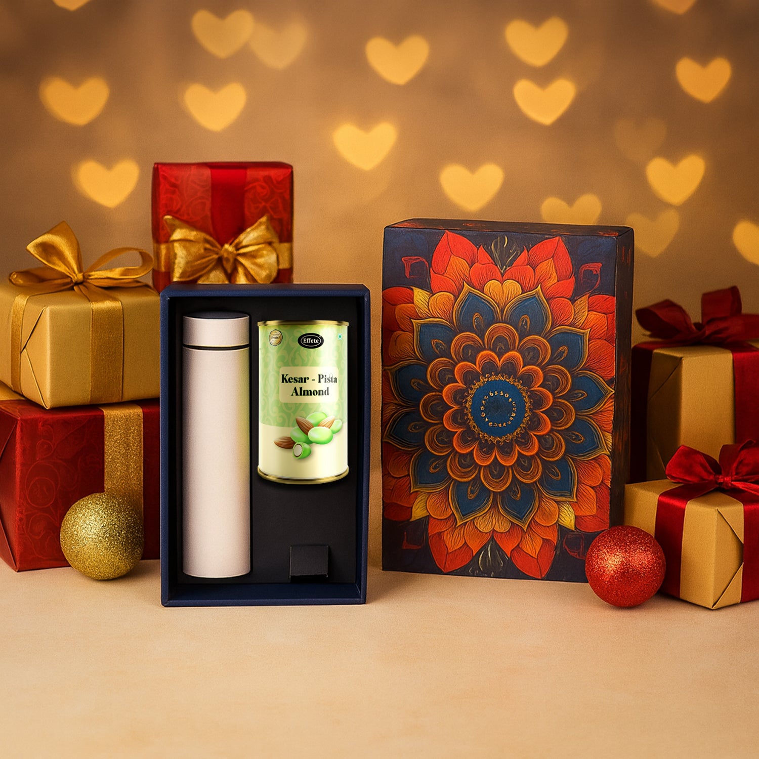 Wukusy Effete Kesar Pista Almonds gift hamper with golden accents and a bottle, featuring a 2-piece set for home and kitchen use.