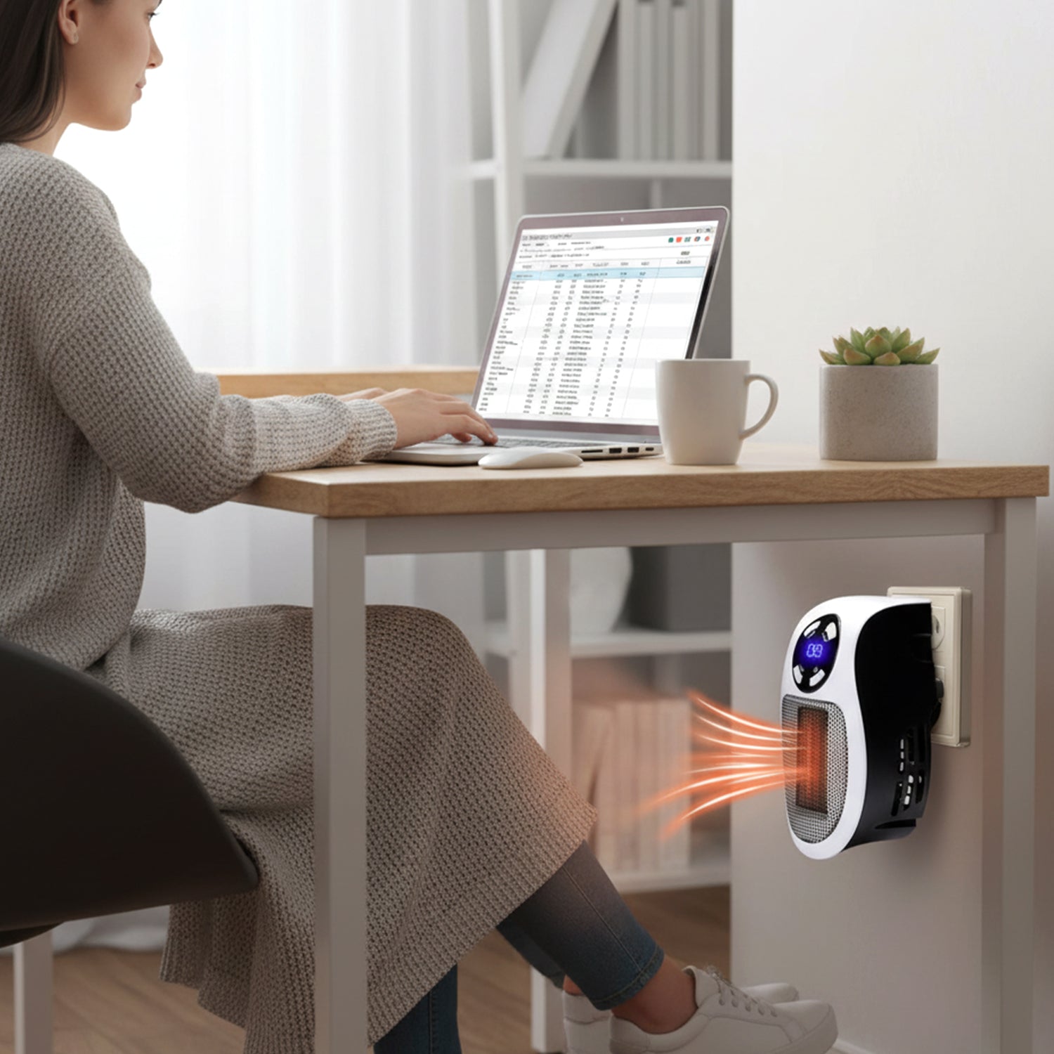 Wukusy portable electric plug-in room heater with digital controls and safety features, beige plastic exterior, compact design