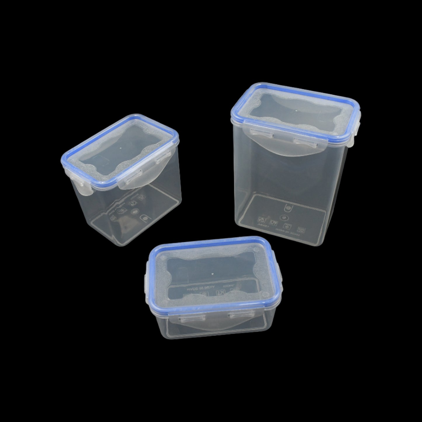 Wukusy 3-piece kitchen storage container set with air seal lock lids, clear food grade plastic for spices, dry fruits, and groceries.