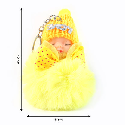 Wukusy cute plush doll keychain with soft fur ball, featuring a small, cuddly character and a metal keyring for attachment.