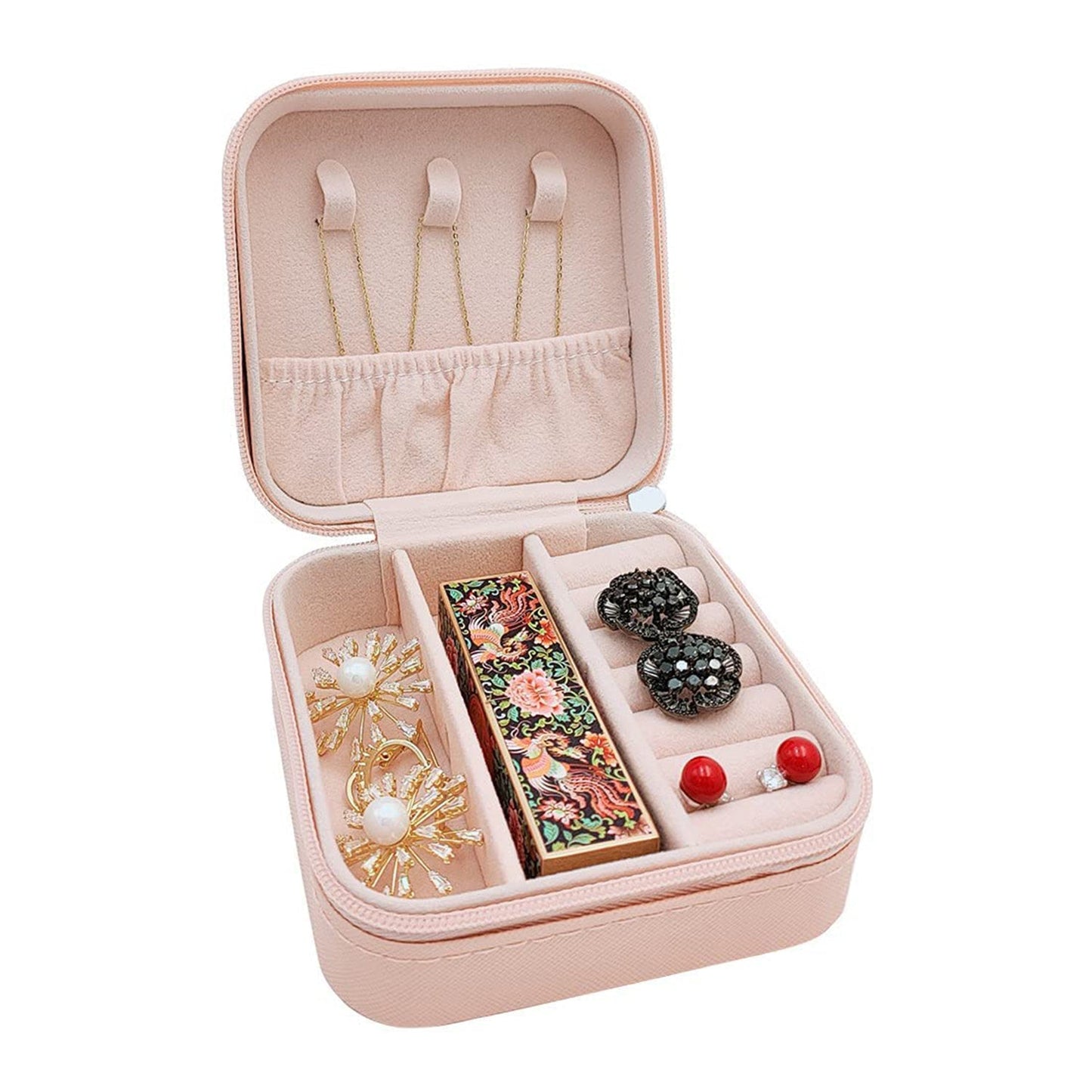Wukusy mini leather jewelry box for women, portable organizer with compartments for rings, earrings, necklaces, and pendants.