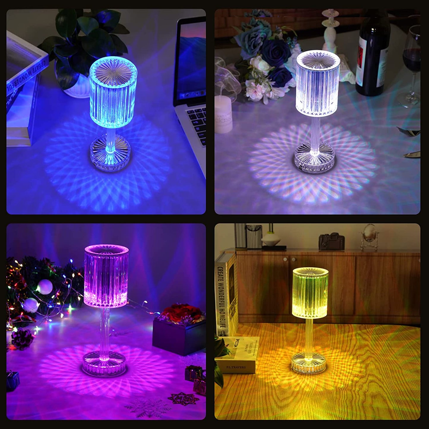 Wukusy 6605 Crystal Touch Control Nightstand Lamp with USB charging port, elegant home decor for ambient lighting.