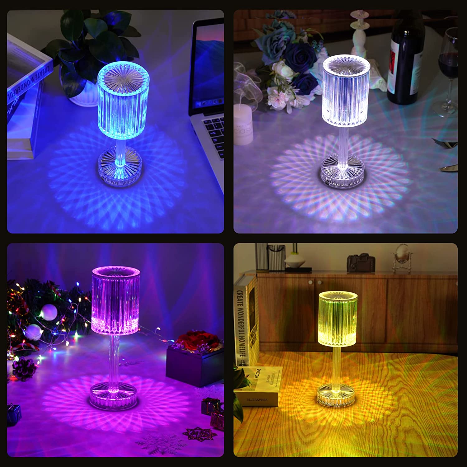 Wukusy 6605 Crystal Touch Control Nightstand Lamp with USB charging port, elegant home decor for ambient lighting.