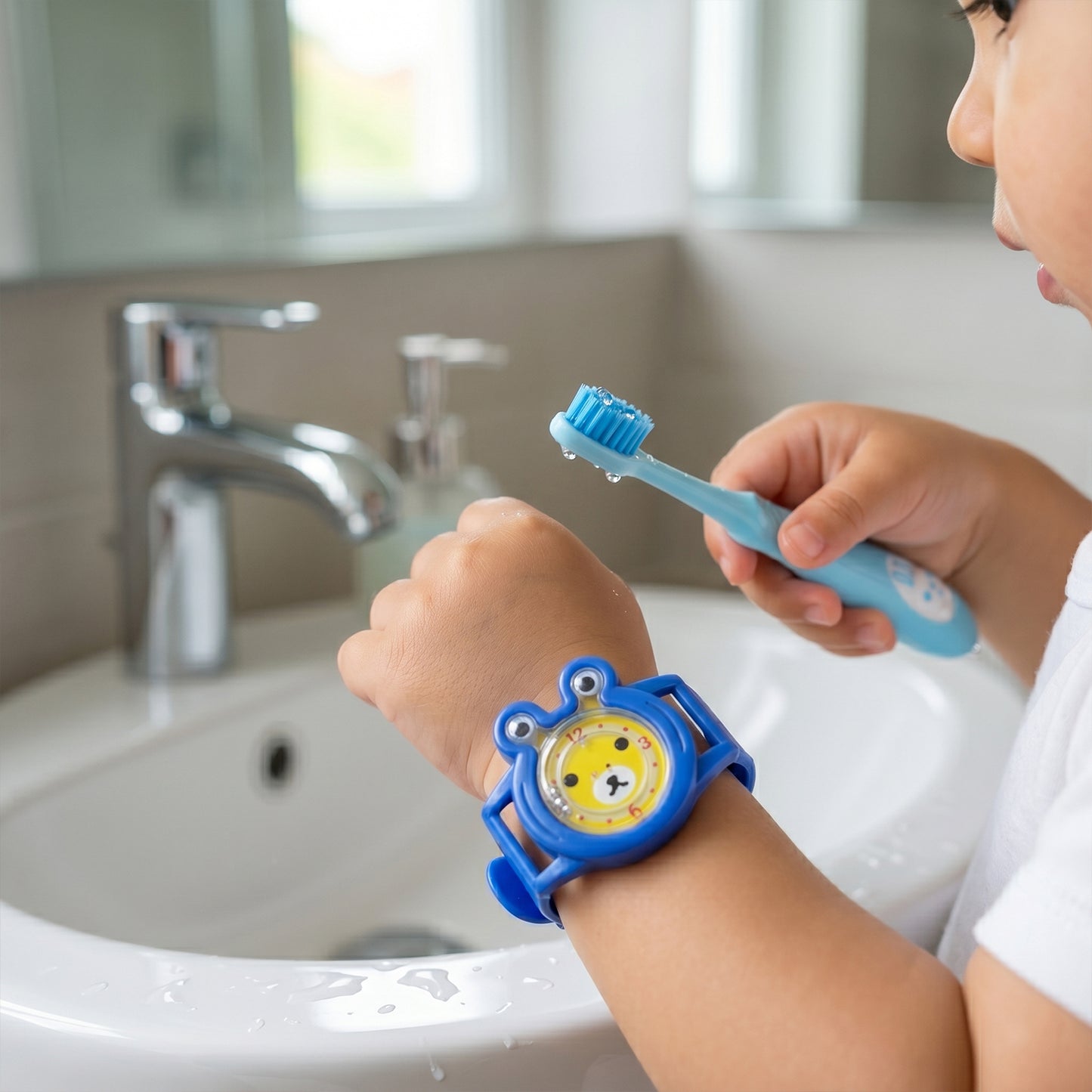Wukusy 2-in-1 kids toothbrush with cartoon watch toy, featuring colorful handles and playful watch design for children.