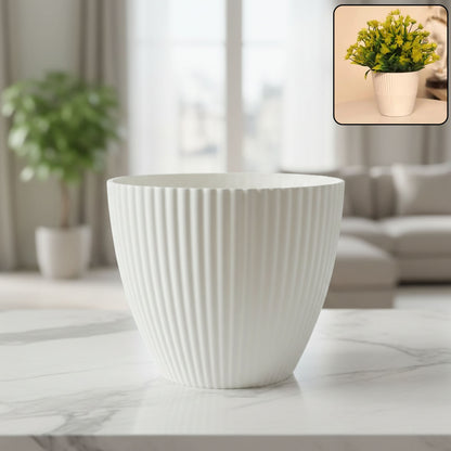 White ribbed decorative flower pot by Wukusy, showcasing a sleek, modern design with textured surface for indoor plants.