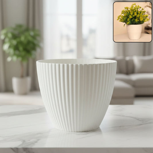 White ribbed decorative flower pot by Wukusy, showcasing a sleek, modern design with textured surface for indoor plants.