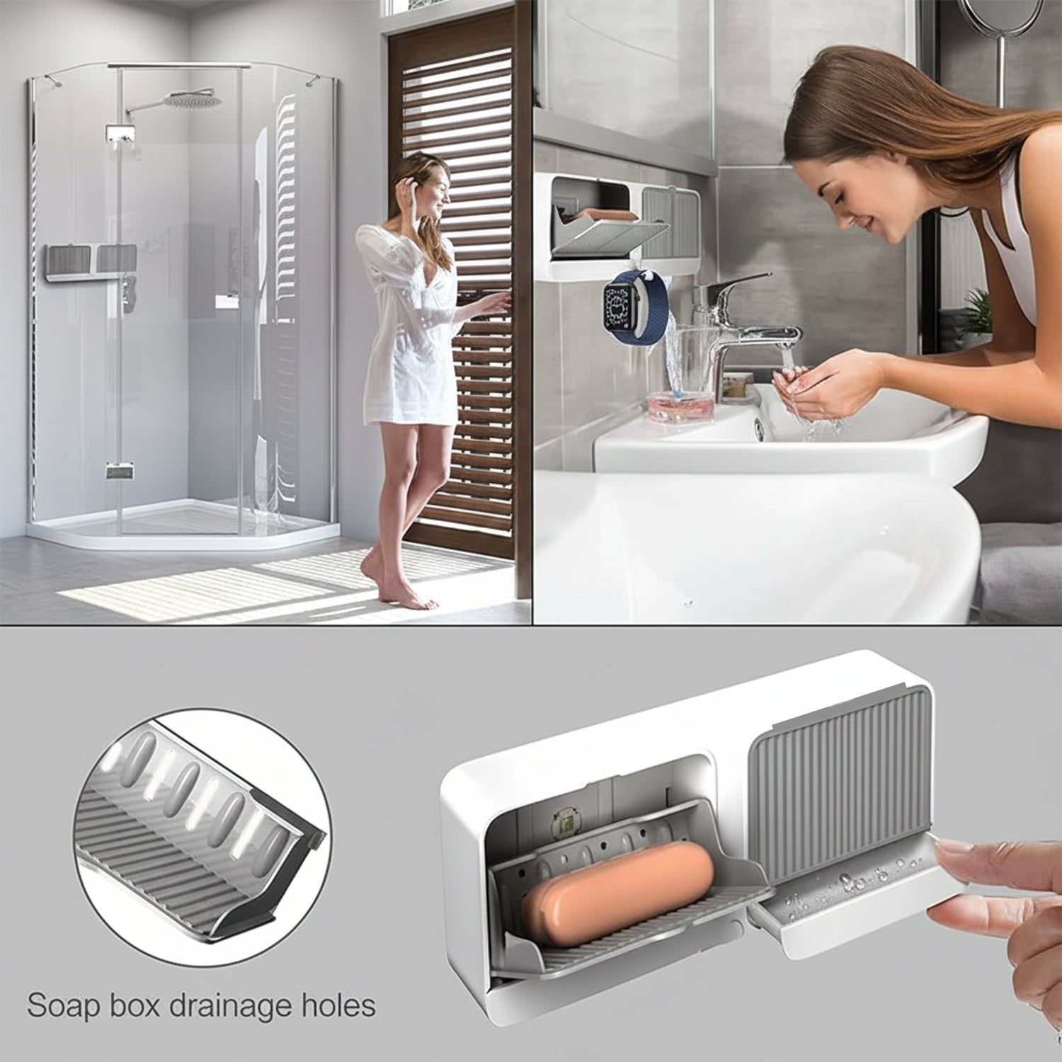 Wall-mounted Wukusy bathroom storage with four compartments for soap, toiletries, and accessories, sleek and space-saving design.