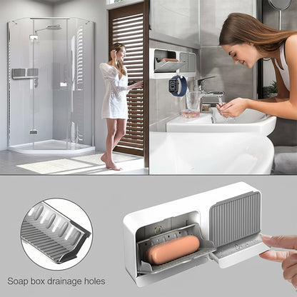 Wall-mounted Wukusy bathroom storage with four compartments for soap, toiletries, and accessories, sleek and space-saving design.