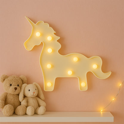Unicorn-shaped LED night light by Wukusy, decorative home decor with colorful glowing illumination on a nightstand.