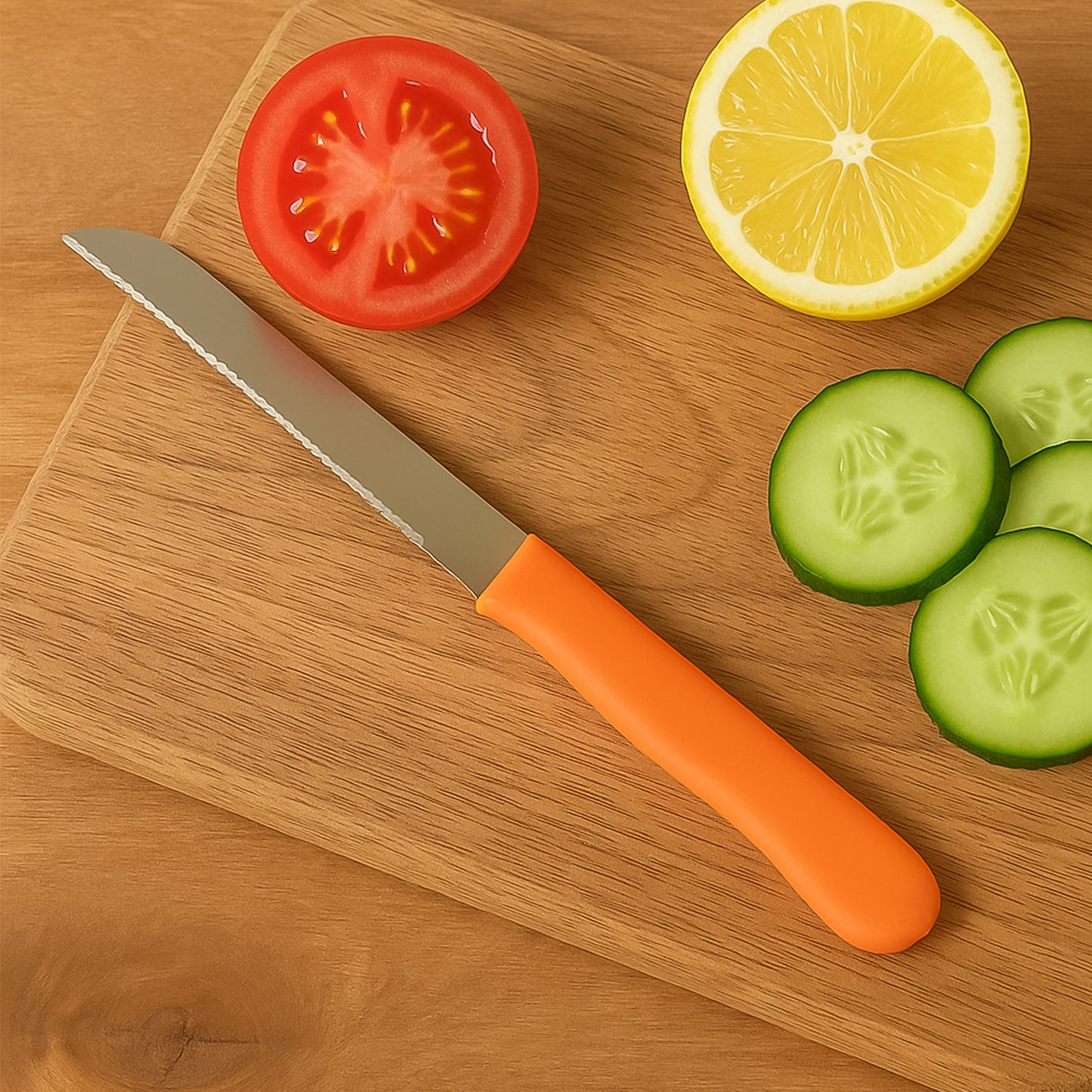 Wukusy premium stainless steel handle plain knife for kitchen use, showing the sleek handle and sharp blade.