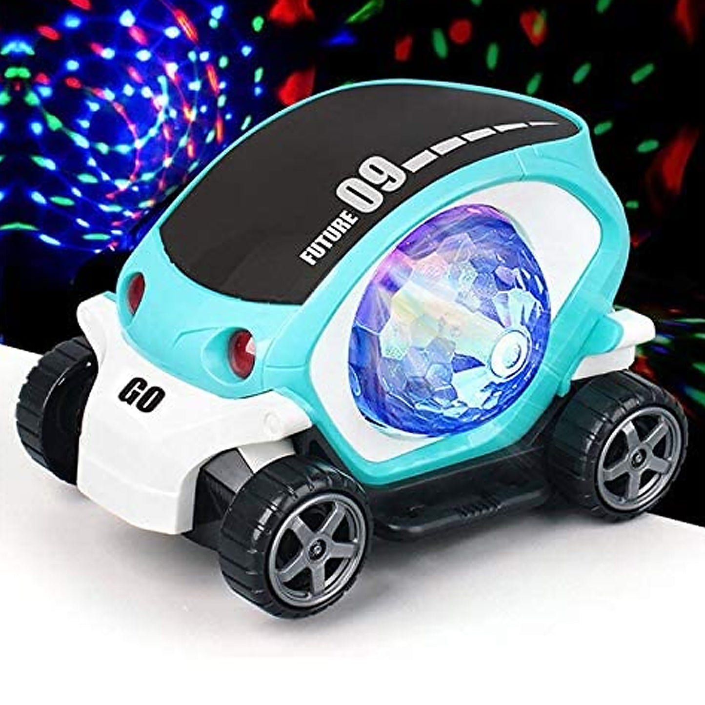 Wukusy plastic 360-degree rotating stunt car toy with lights, music, bump and go action, mini disco ball, for kids.