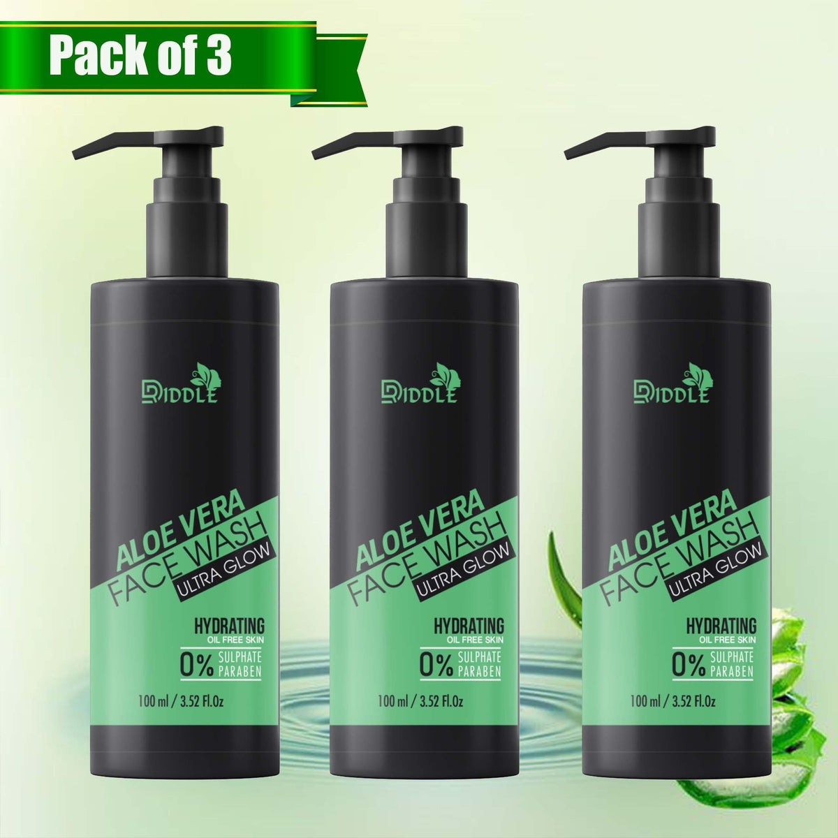 Three bottles of Drpshippr Aloe Vera Facewash for men and women, 100 ml each, in a pack of three, for natural skin cleansing.