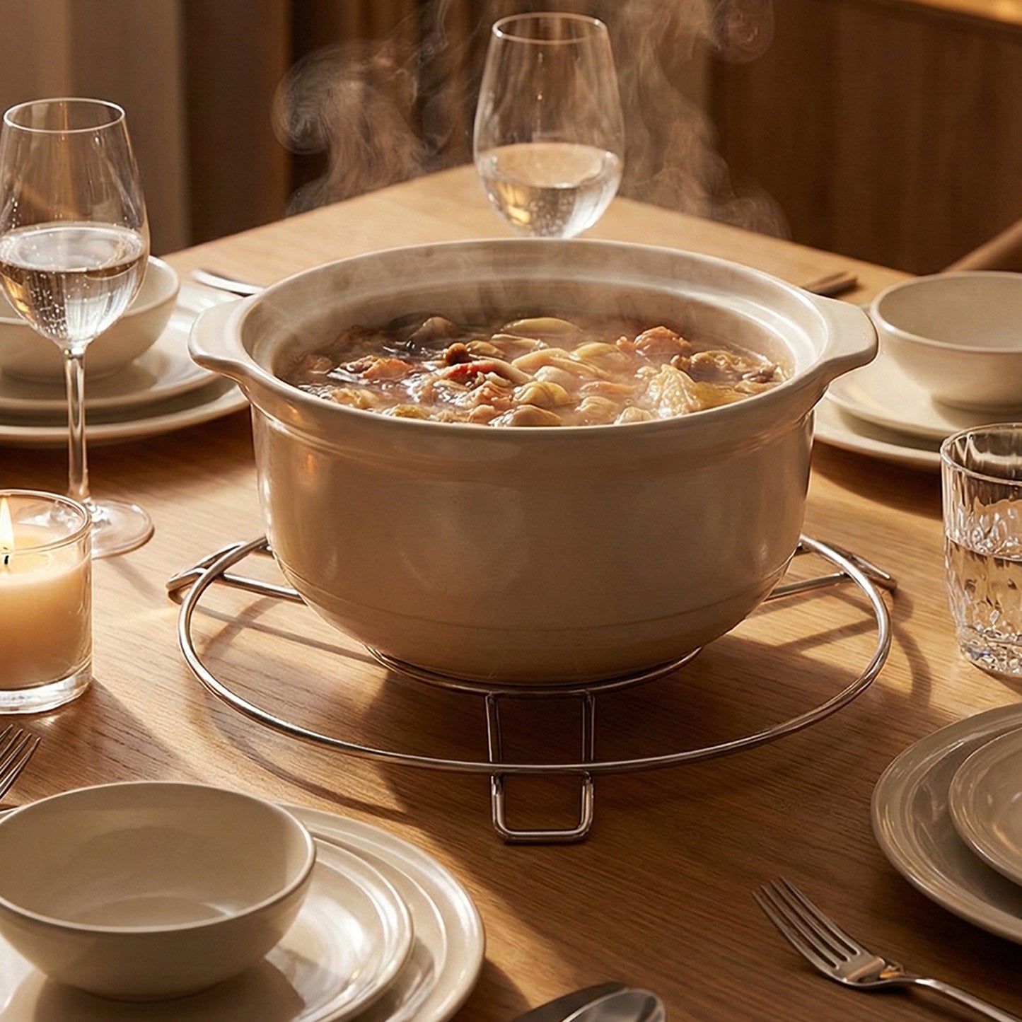 Stainless steel round hot pot stand by Wukusy, suitable for home and kitchen use, supporting hot pots securely.