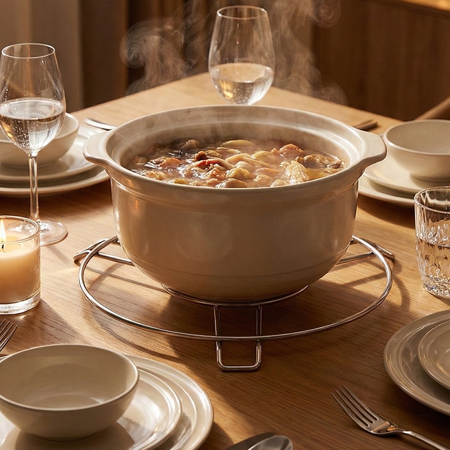 Stainless steel round hot pot stand by Wukusy, suitable for home and kitchen use, supporting hot pots securely.