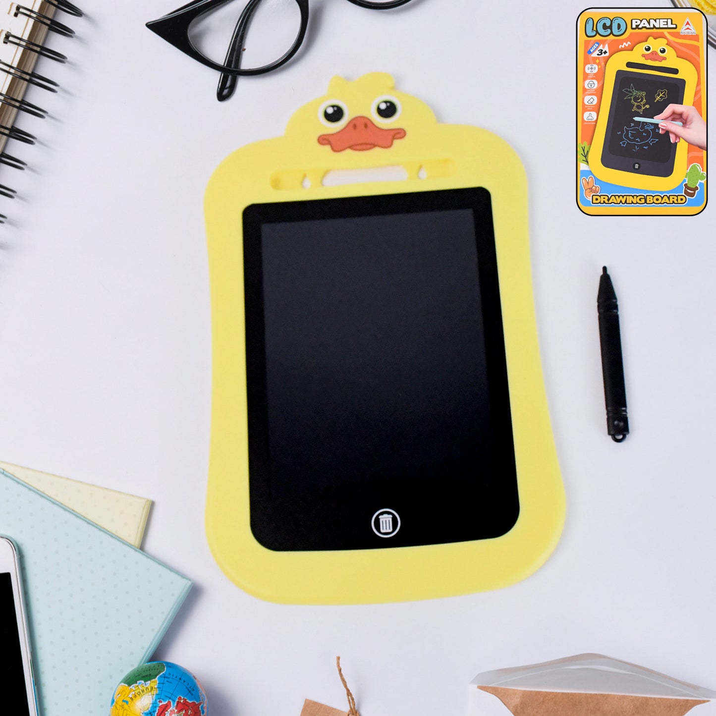 Wukusy kids portable LCD writing tablet showing a colorful drawing with a stylus on the screen.