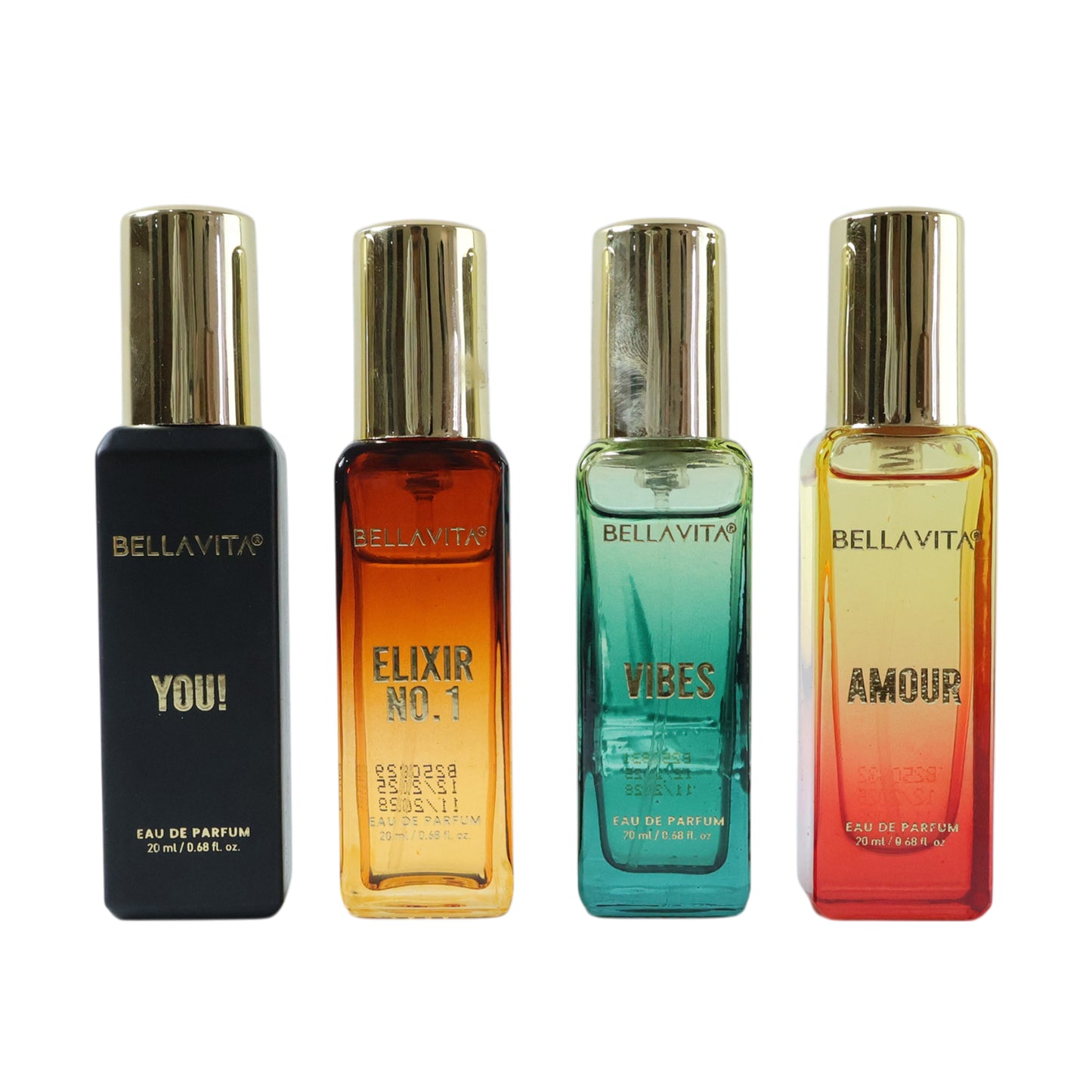 Wukusy Bellavita Premium All Star perfume gift set with four 20ml bottles featuring elegant packaging and floral fragrance bottles.