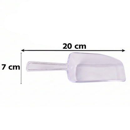 Set of three clear plastic scoops by Wukusy for flour, coffee, sugar, and grains, with ergonomic handles and versatile use.