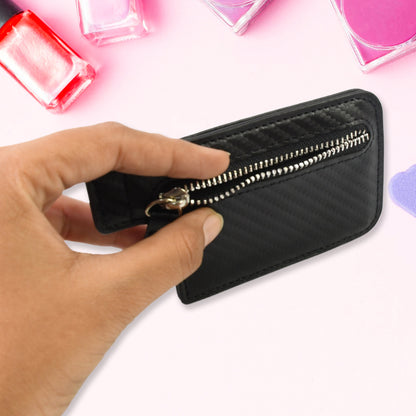 Wukusy adhesive card phone holder attached to a smartphone, serving as a slim wallet and phone attachment for carrying cards.