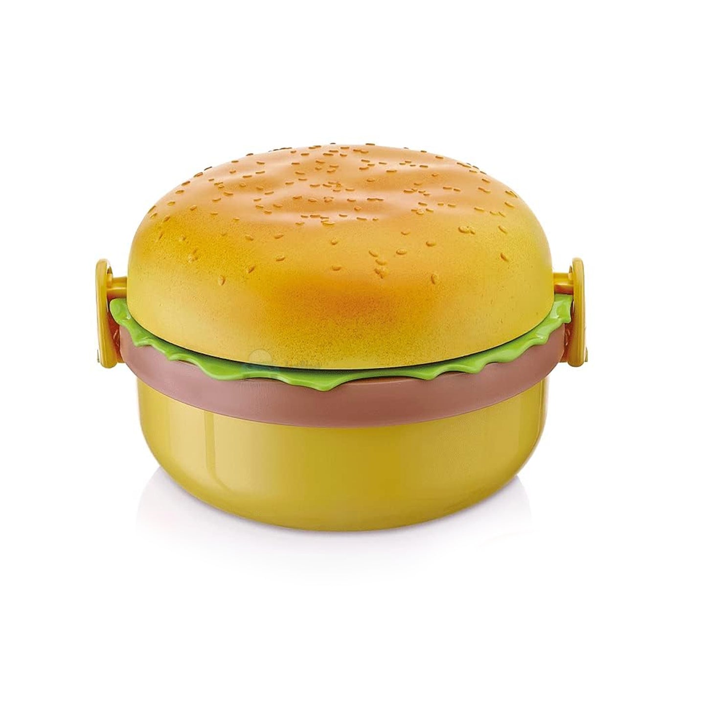 Wukusy burger shape plastic lunch box with double layer design, 1000ml capacity, includes 2 spoons, suitable for kids and students.