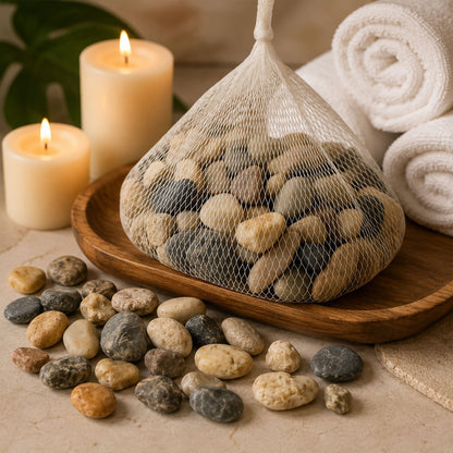 Set of decorative natural pebble stones by Wukusy, perfect for aquarium, vase, garden, or home decor displays.