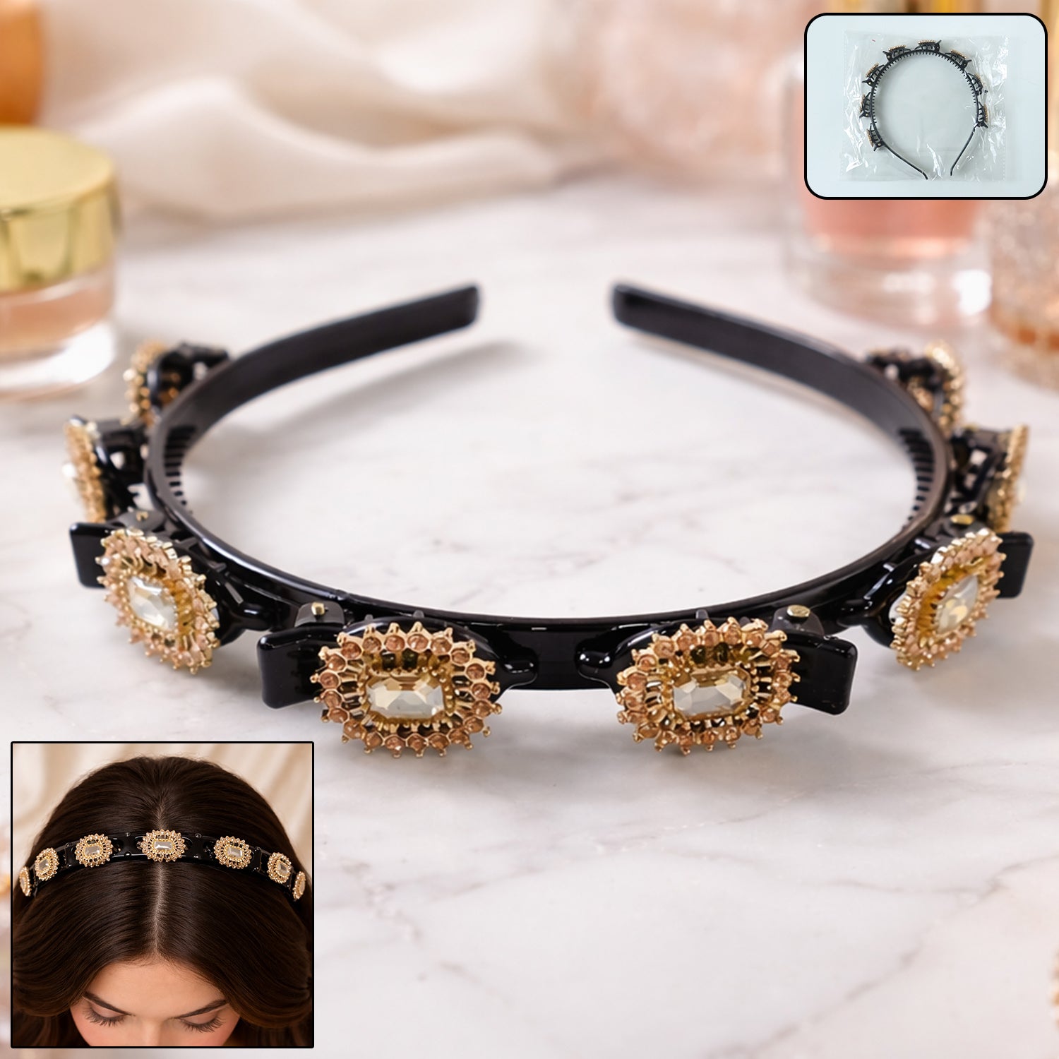 Wukusy premium gold stone studded designer hair band with elegant design and sparkling embellishments, perfect for special occasions.