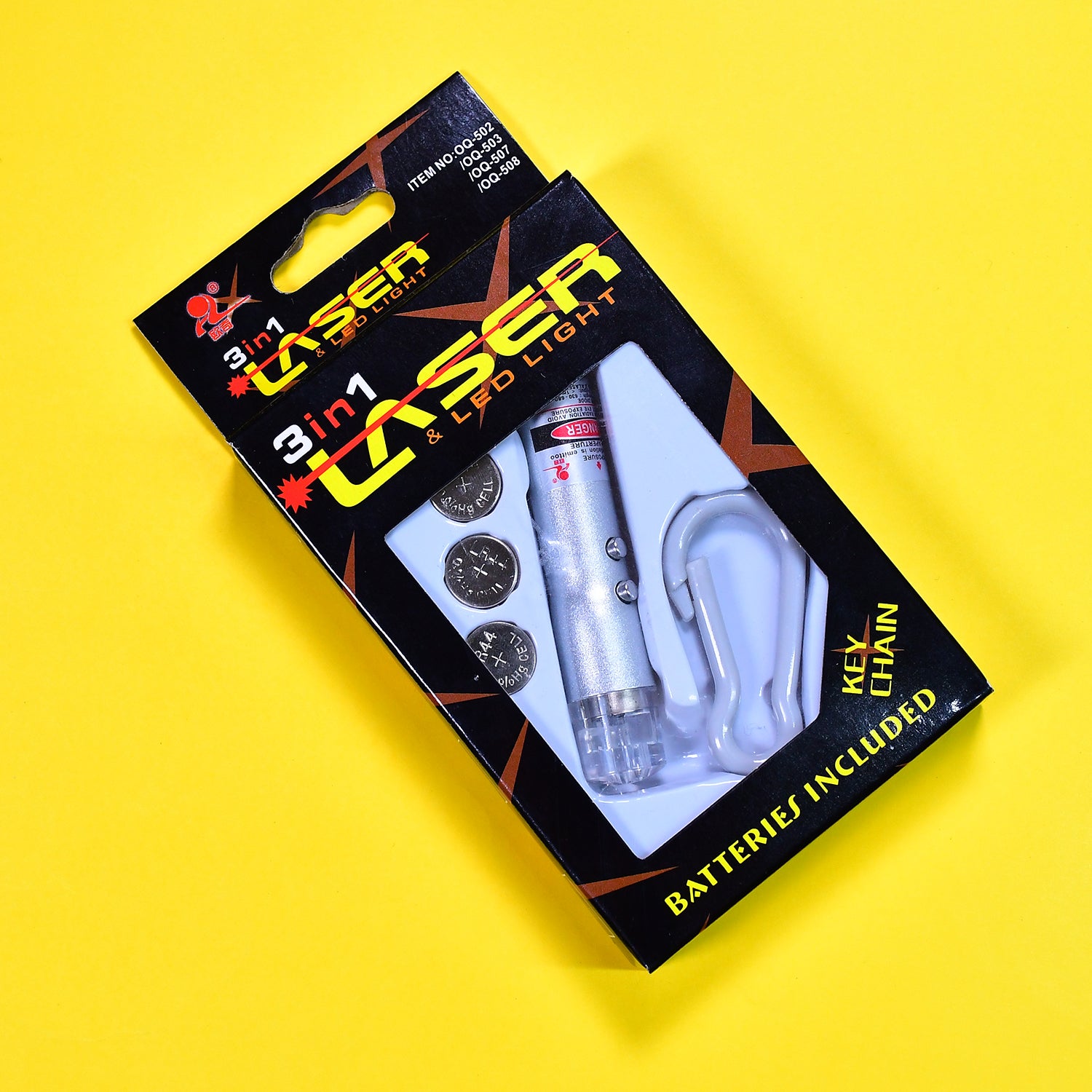 Wukusy 3-in-1 laser light, LED flashlight, and torch keychain with laser pointer, compact toy with multiple light functions.