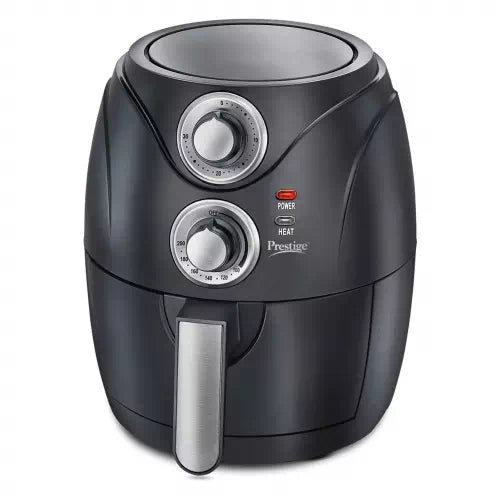 Seasons Prestige PAF 6.0 smoke vent air fryer with temperature control, 2.5 L capacity, black and silver finish.