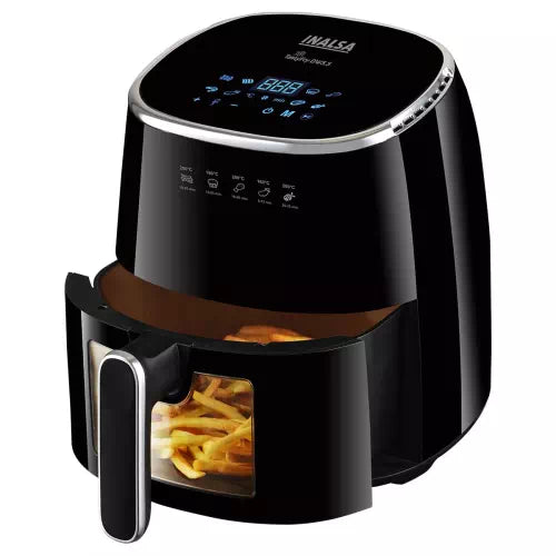 Seasons Inalsa Tasty Fry DW 5.5 Air Fryer with 5.5-liter capacity, black and silver finish, digital control panel, and compact design.