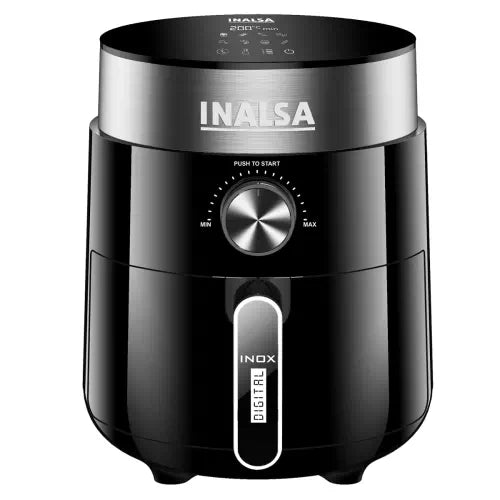 Inalsa Inox digital air fryer by Seasons, 2.5-liter capacity, black and silver design with digital control panel and cooking basket.