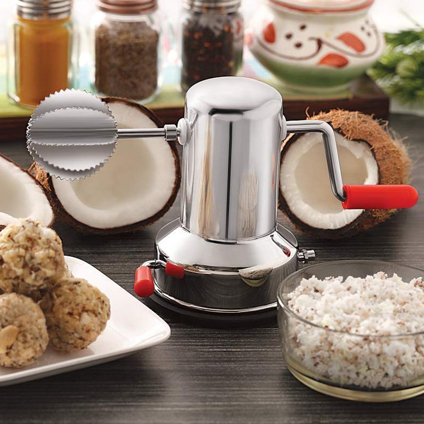 Wukusy 5216 coconut scrapers machine, manual steel tool for home kitchen use, featuring a sturdy handle and blade for scraping coconuts.