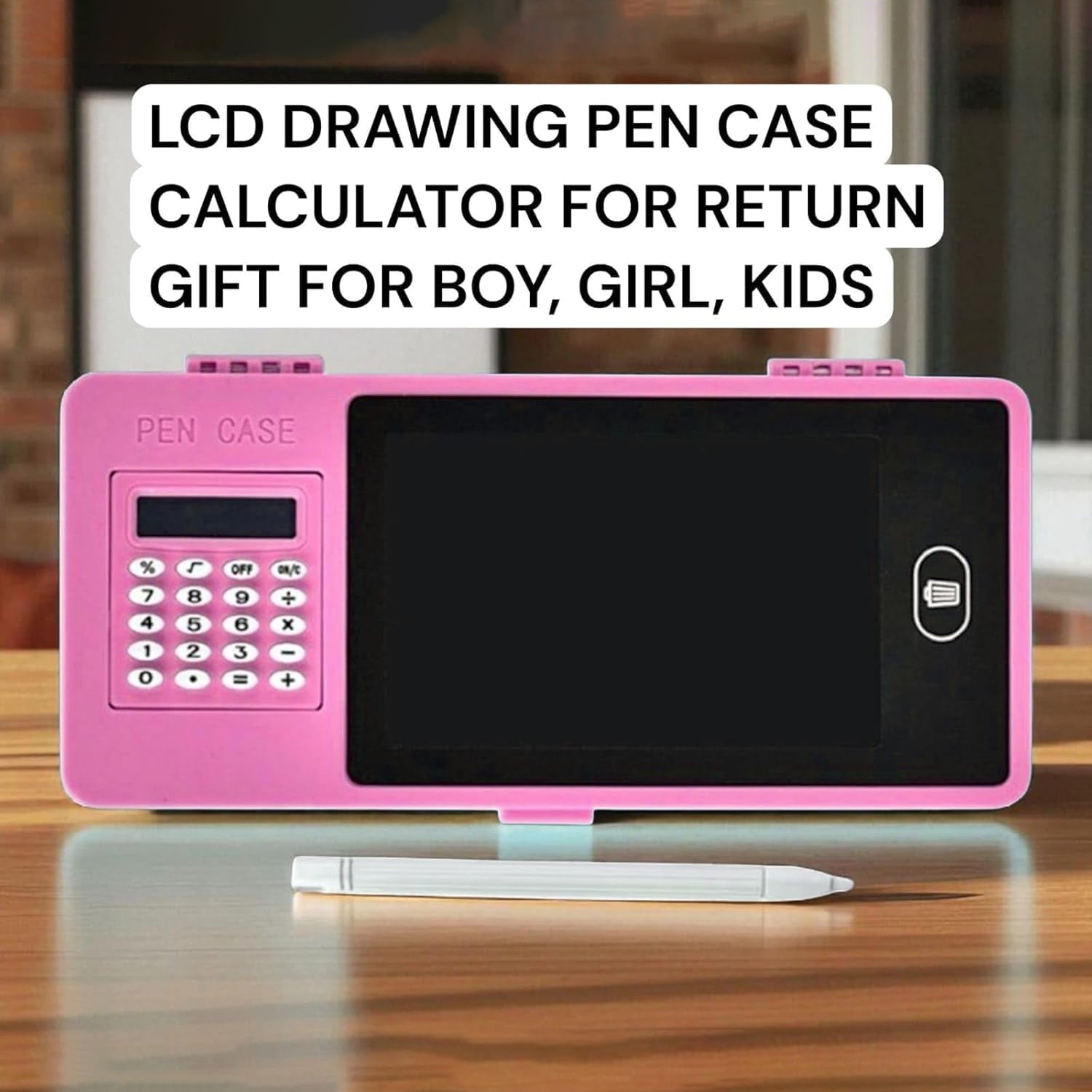 Wukusy LCD writing tablet with pencil case and calculator, compact and portable for school or office use.