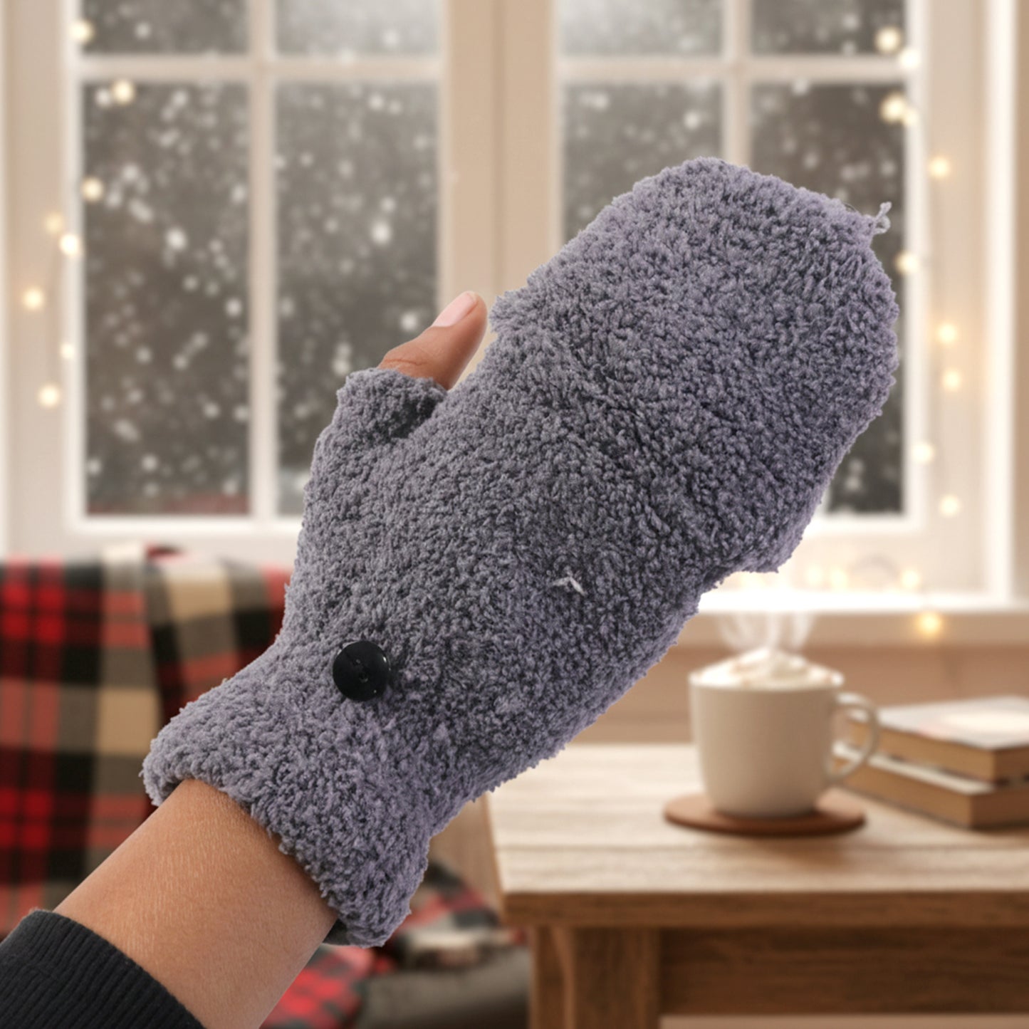 Wukusy winter fingerless gloves for men and women, soft and warm hand gloves, shown in a close-up image.