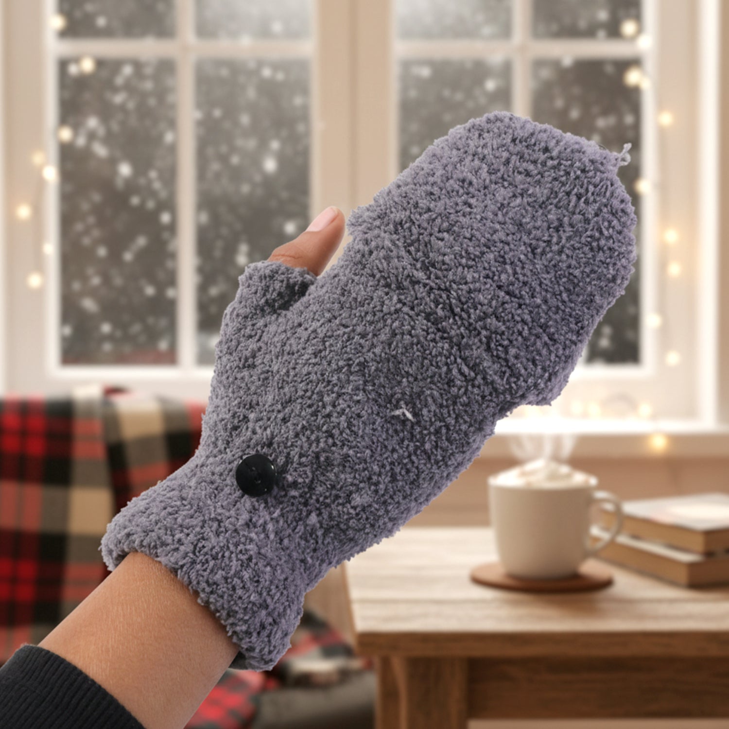 Wukusy winter fingerless gloves for men and women, soft and warm hand gloves, shown in a close-up image.