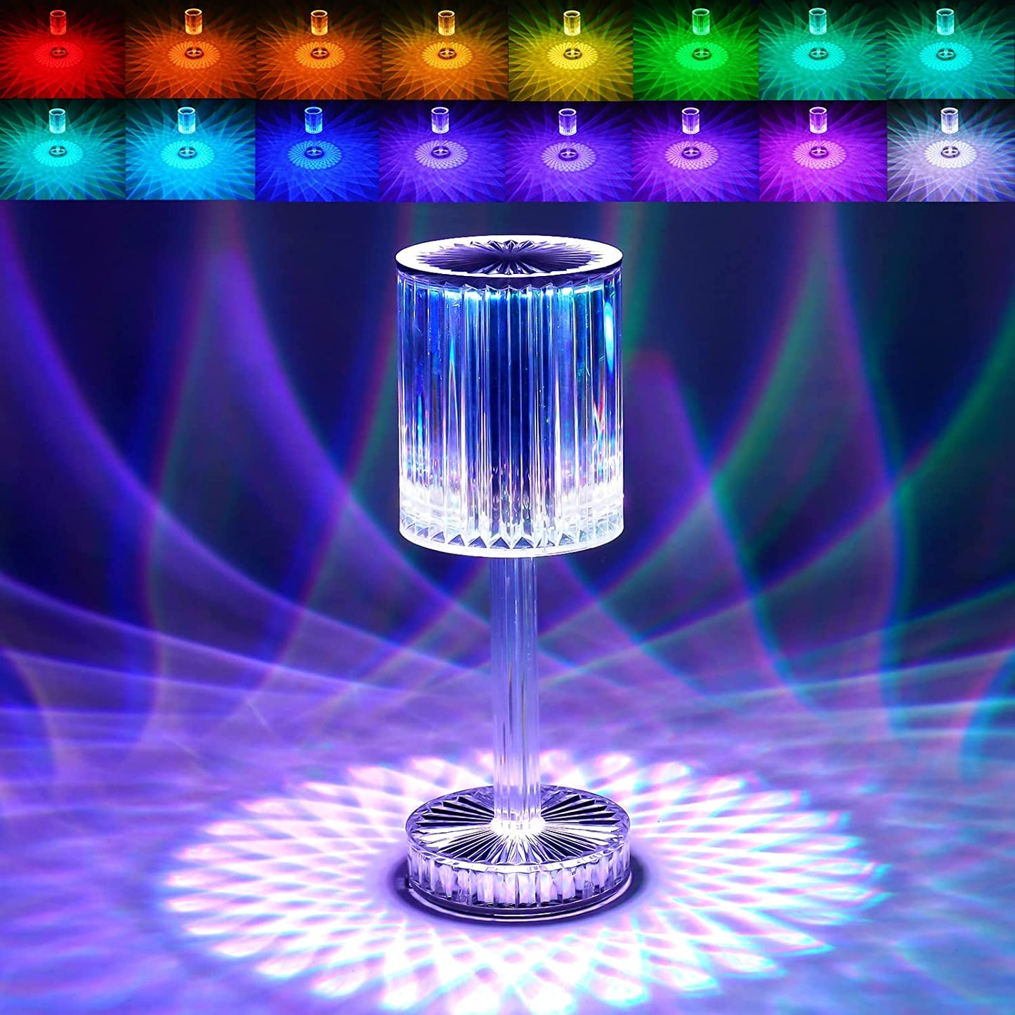 Wukusy 6605 Crystal Touch Control Table Lamp on a nightstand with USB charging port, elegant home decor lighting.
