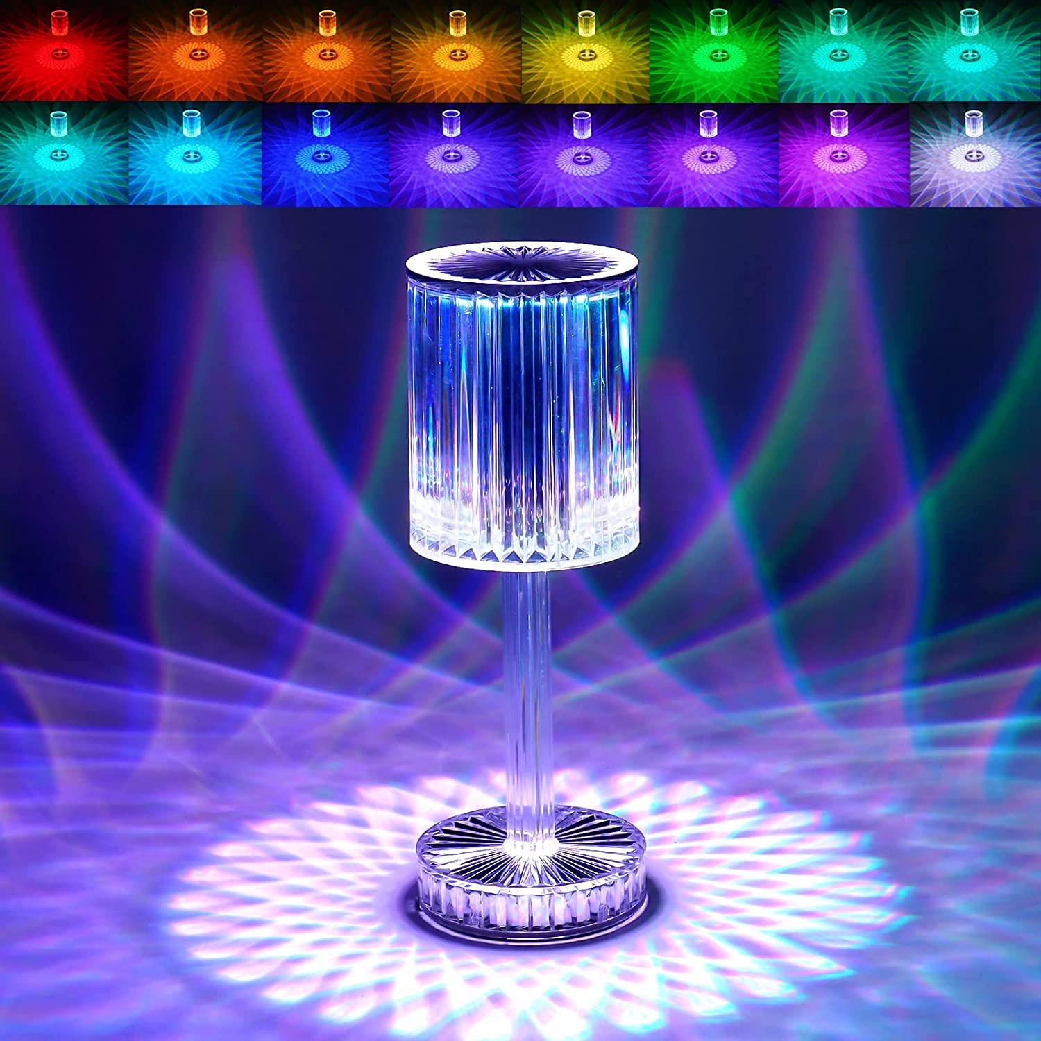 Wukusy 6605 Crystal Touch Control Table Lamp on a nightstand with USB charging port, elegant home decor lighting.