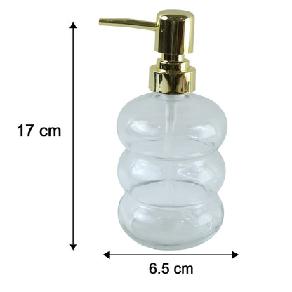 Clear glass liquid soap dispenser bottle with gold pump from Wukusy, featuring a sleek and modern design.