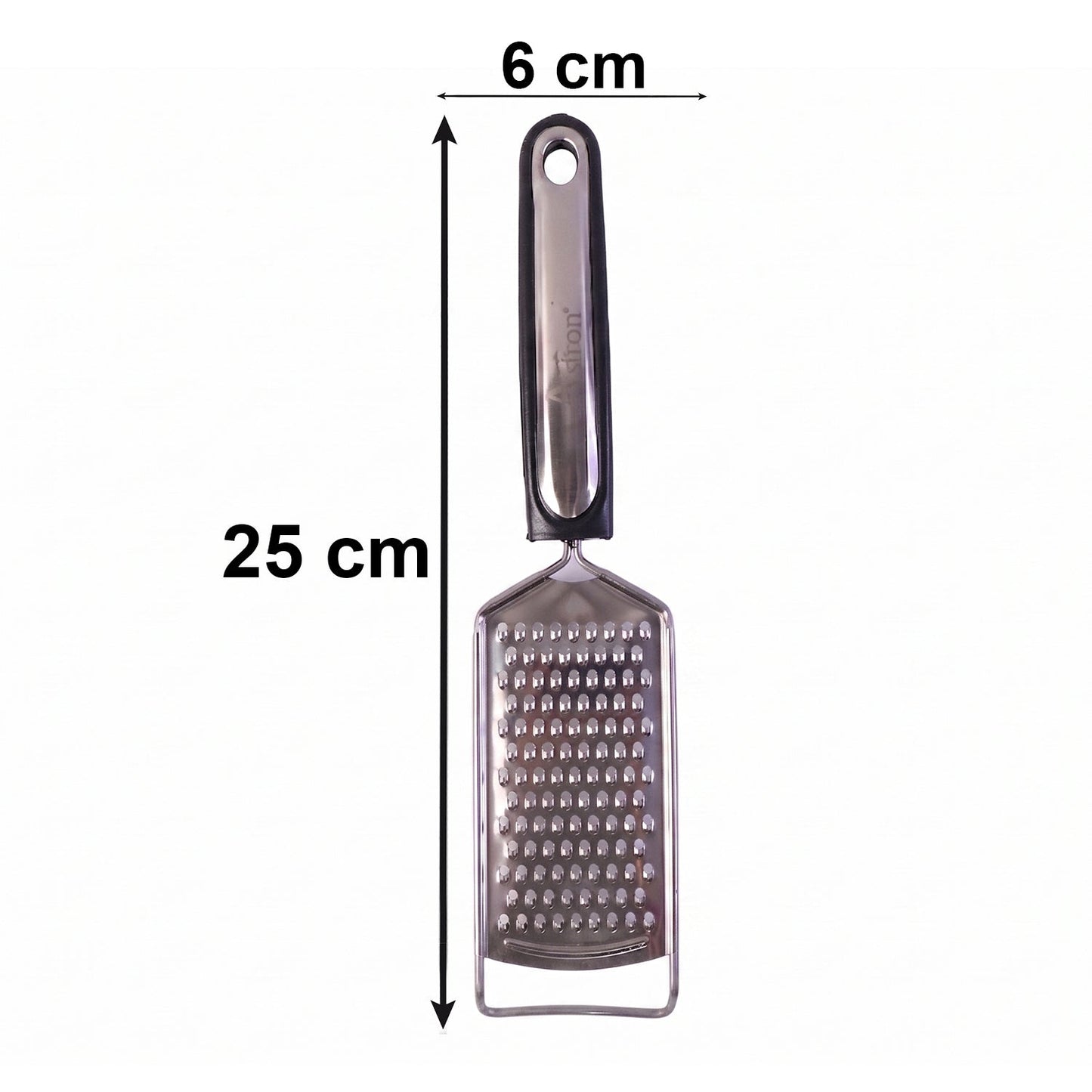 Wukusy SS slim cheese grater with plastic handle for vegetables and lemon zest, shown in a close-up image.