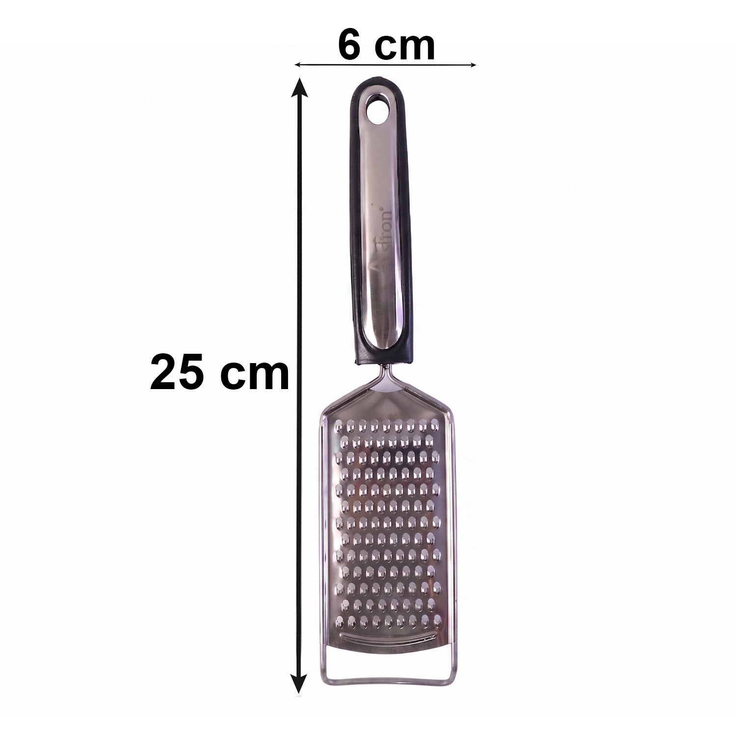 Wukusy SS slim cheese grater with plastic handle for vegetables and lemon zest, shown in a close-up image.