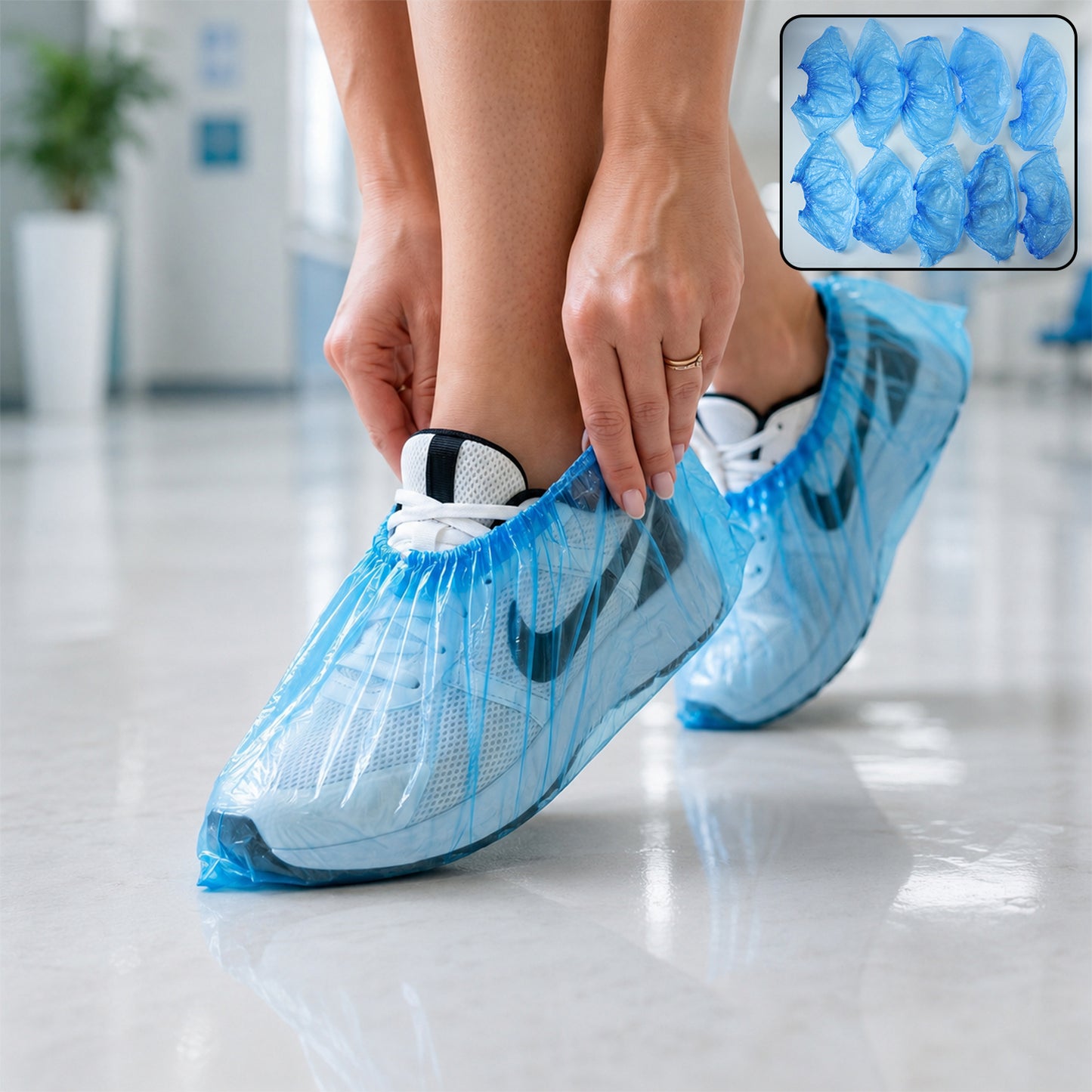 Set of five disposable plastic shoe covers with elastic fit by Wukusy, suitable for protecting footwear during cleaning or medical visits.