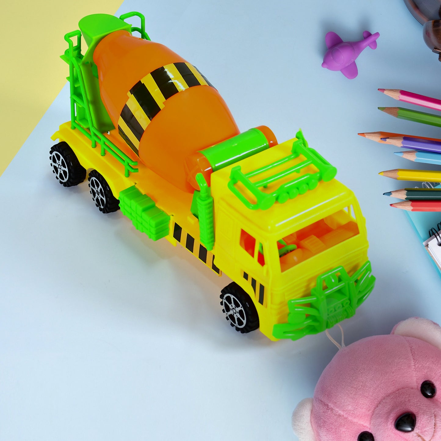Wukusy 4441 cement mixer truck pushback toy for kids, colorful plastic construction toy with rotating drum and realistic details.